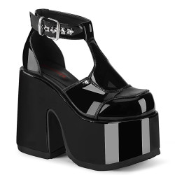 Demonia CAMEL-103 Black Patent T-Strap Chunky Sandal