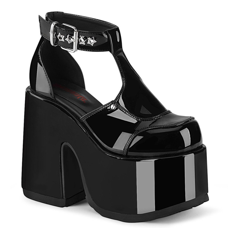 Demonia CAMEL-103 Black Patent T-Strap Chunky Sandal