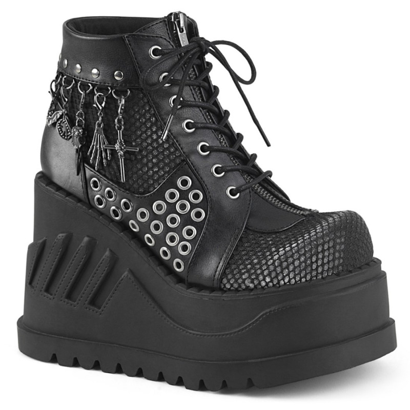 Demonia STOMP-18 Black Velvet Punk Platform Wedge Boots Demonia STOMP-18 Black Velvet Punk Platform Wedge Boots