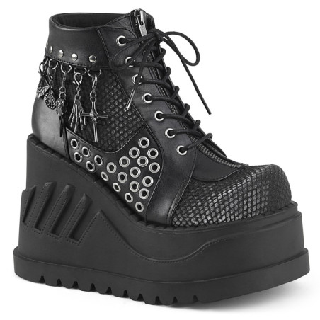 Demonia STOMP-18 Black Velvet Punk Platform Wedge Boots