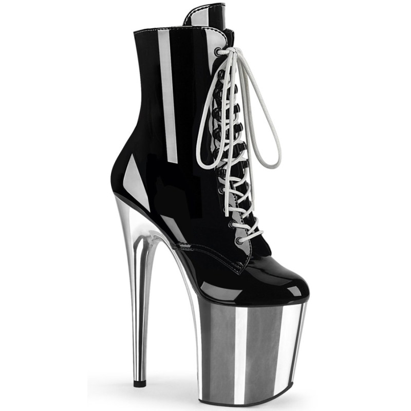 Pleaser FLAMINGO-1020 Black Patent Silver Chrome Sale Pleaser FLAMINGO-1020 Black Patent Silver Chrome Sale