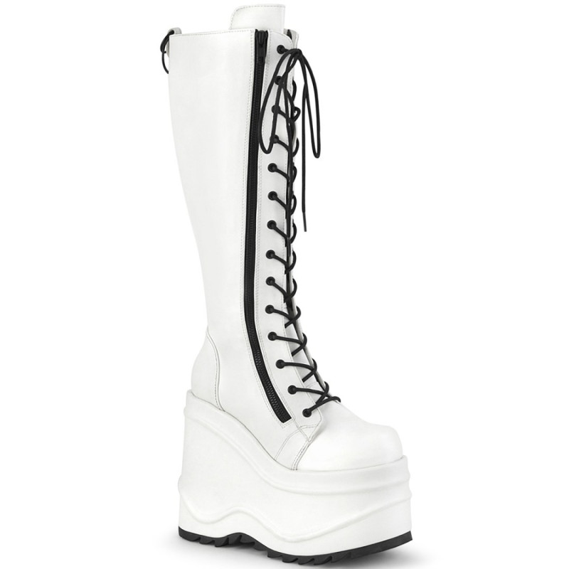Demonia WAVE-200 White Vegan Platform Wedge Knee Boots Demonia WAVE-200 White Vegan Platform Wedge Knee Boots