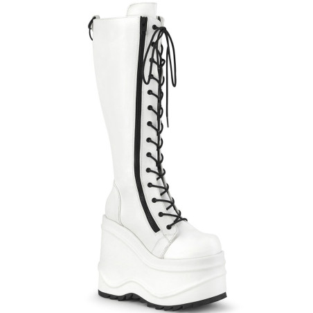 Demonia WAVE-200 White Vegan Platform Wedge Knee Boots