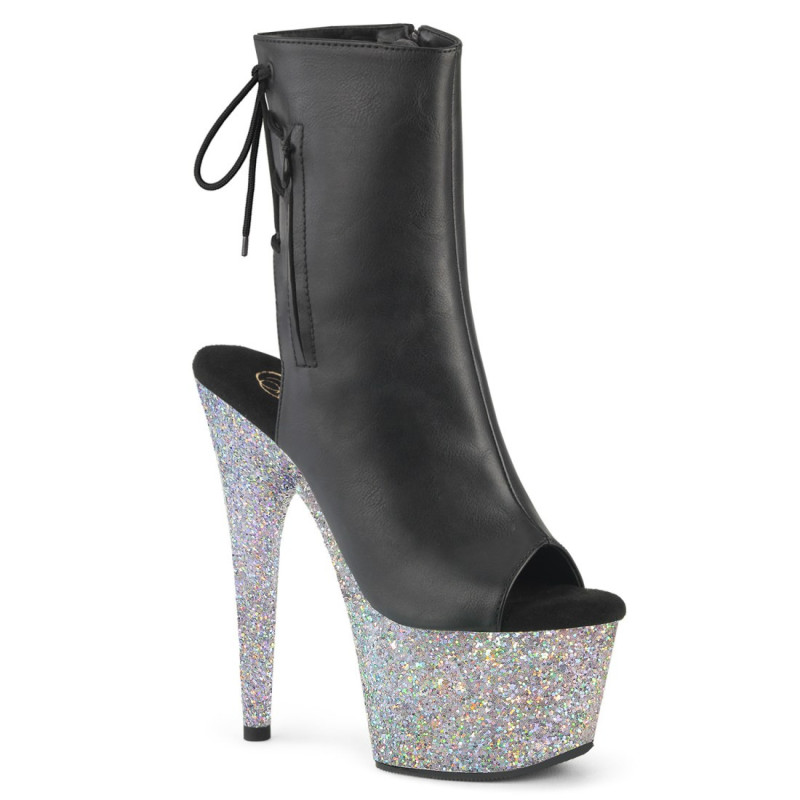 Pleaser ADORE-1018LG Black Vegan Leather Silver Glitter