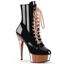 Pleaser DELIGHT-1020 Black Patent Rose Gold Chrome Boots