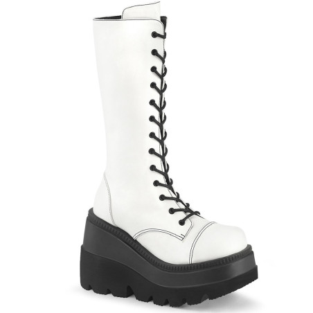 Demonia SHAKER-72 White Platform Knee High Wedge Boots