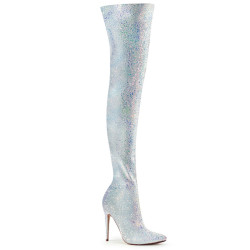Pleaser COURTLY-3015 White Glitter Stiletto Thigh Boots