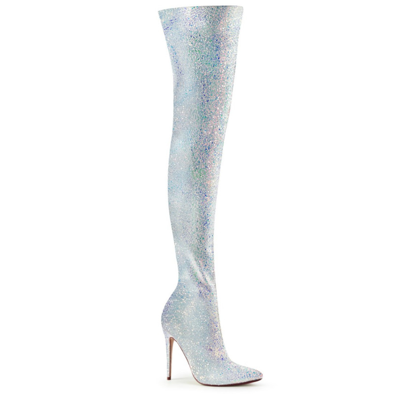 Pleaser COURTLY-3015 White Glitter Stiletto Thigh Boots Pleaser COURTLY-3015 White Glitter Stiletto Thigh Boots