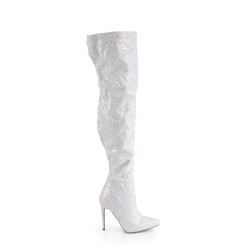 Pleaser COURTLY-3015 White Glitter Stiletto Thigh Boots