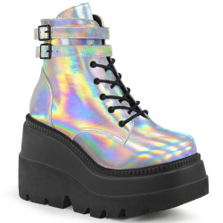 Demonia SHAKER-52 Silver Hologram Platform Wedge Ankle Boots