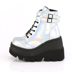 Demonia SHAKER-52 Silver Hologram Platform Wedge Ankle Boots