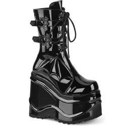 Demonia WAVE-150 Black Patent Platform Wedge Ankle Boots