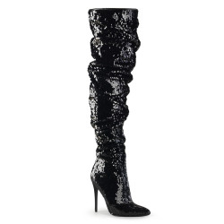 Pleaser COURTLY-3011 Black Sequins Thigh High Boots