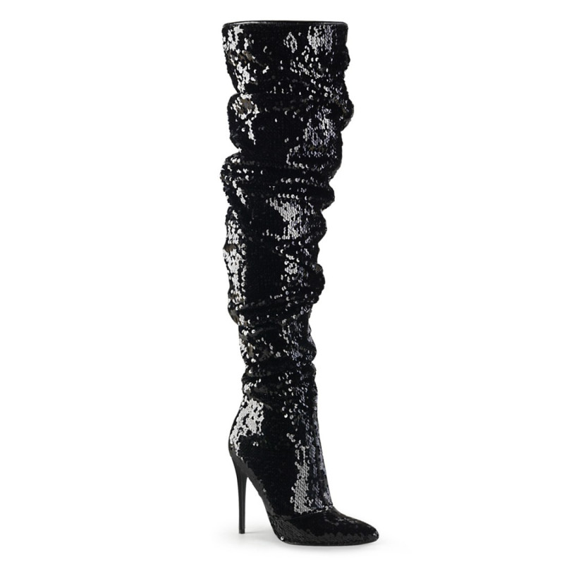 Pleaser COURTLY-3011 Black Sequins Thigh High Boots