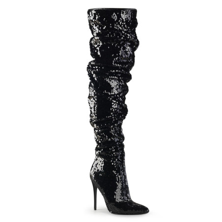 Pleaser COURTLY-3011 Black Sequins Thigh High Boots