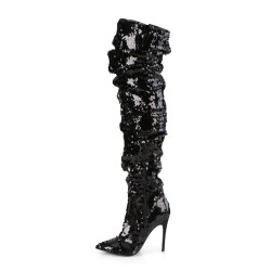 Pleaser COURTLY-3011 Black Sequins Thigh High Boots