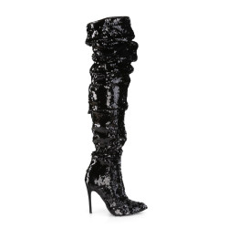 Pleaser COURTLY-3011 Black Sequins Thigh High Boots