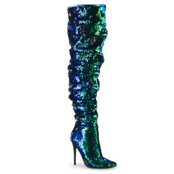 Pleaser COURTLY-3011 Green Sequins Thigh High Boots