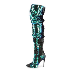Pleaser COURTLY-3011 Green Sequins Thigh High Boots