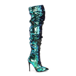 Pleaser COURTLY-3011 Green Sequins Thigh High Boots