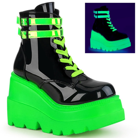 Demonia SHAKER-52 Black Neon Green Platform Wedge Ankle Boots
