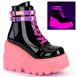 Demonia SHAKER-52 Black Neon Pink Platform Wedge Ankle Boots