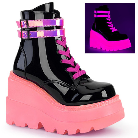 Demonia SHAKER-52 Black Neon Pink Platform Wedge Ankle Boots