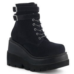 Demonia SHAKER-52 Black Velvet Platform Wedge Ankle Boots