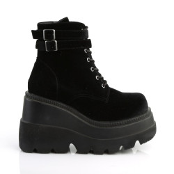 Demonia SHAKER-52 Black Velvet Platform Wedge Ankle Boots