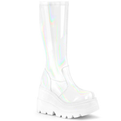 Demonia SHAKER-65 White Hologram Platform Wedge Boots
