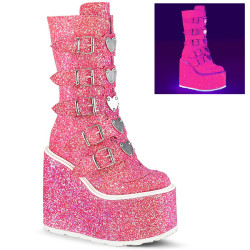 Demonia SWING-230G Pink Glitter Platform Buckle Boots