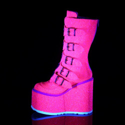 Demonia SWING-230G Pink Glitter Platform Buckle Boots