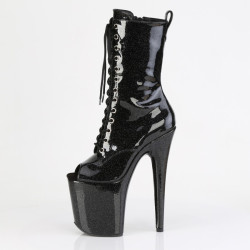 Pleaser FLAMINGO-1041GP Black Glitter Patent Ankle Boots