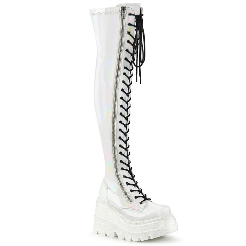 Demonia SHAKER-374 White Platform Thigh High Wedge Boots