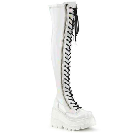 Demonia SHAKER-374 White Platform Thigh High Wedge Boots