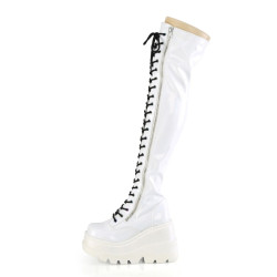 Demonia SHAKER-374 White Platform Thigh High Wedge Boots