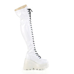 Demonia SHAKER-374 White Platform Thigh High Wedge Boots
