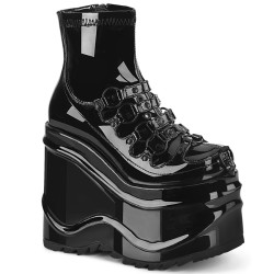 Demonia WAVE-110 Black Patent Platform Wedge Ankle Boots