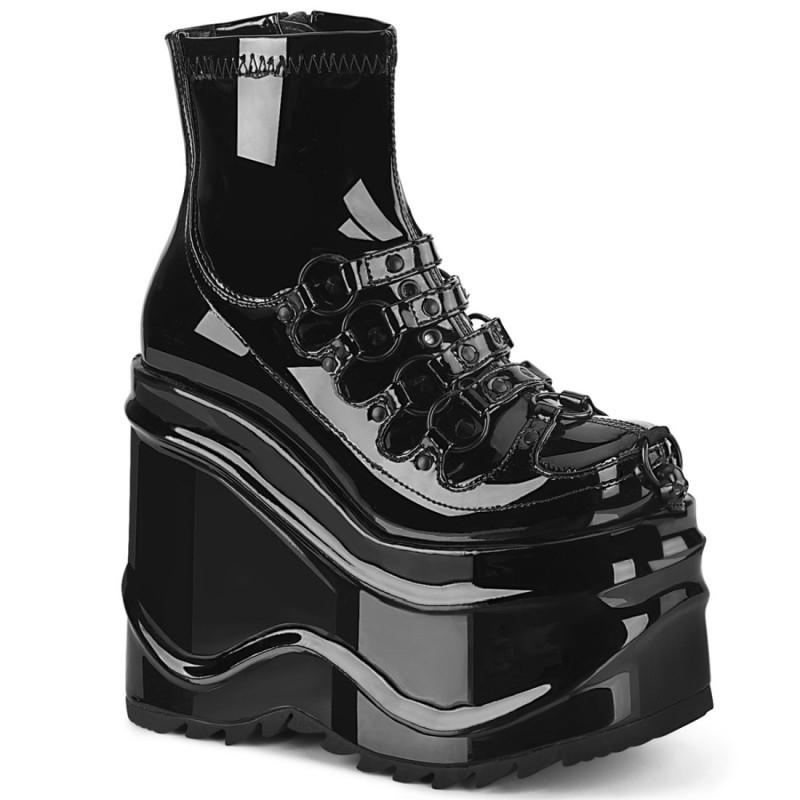 Demonia WAVE-110 Black Patent Platform Wedge Ankle Boots