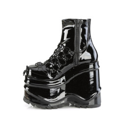 Demonia WAVE-110 Black Patent Platform Wedge Ankle Boots