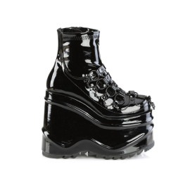 Demonia WAVE-110 Black Patent Platform Wedge Ankle Boots