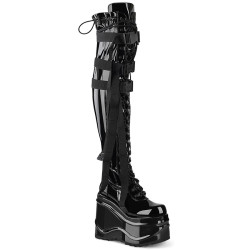 Demonia WAVE-315 Patent Platform Wedge Thigh High Boots