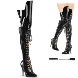 Demonia WAVE-315 Patent Platform Wedge Thigh High Boots