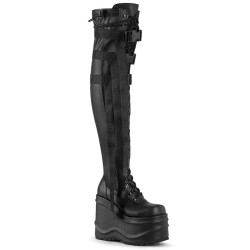 Demonia WAVE-315 Vegan Leather Wedge Thigh High Boots