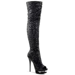 Pleaser BLONDIE-3011 Black Sequins Thigh High Boots