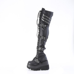 Demonia SHAKER-420 Black Platform Thigh High Wedge Boots