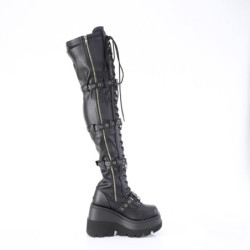 Demonia SHAKER-420 Black Platform Thigh High Wedge Boots