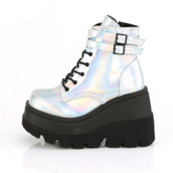 Demonia SHAKER-52 Silver Hologram Platform Wedge Ankle Boots