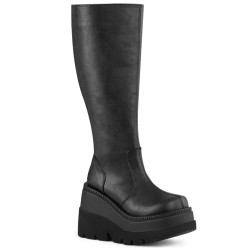 Demonia SHAKER-100WC Black Wide Calf Wedge Knee Boots