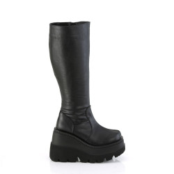 Demonia SHAKER-100WC Black Wide Calf Wedge Knee Boots
